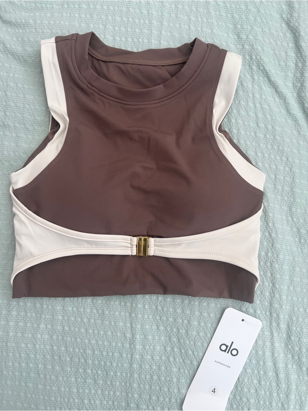 ALO Yoga Brown & Cream Crop Tank with Gold Closure